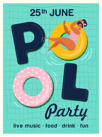 Pool party invitation vector illustration. Top view of swimming pool with pool floatsのイラスト素材