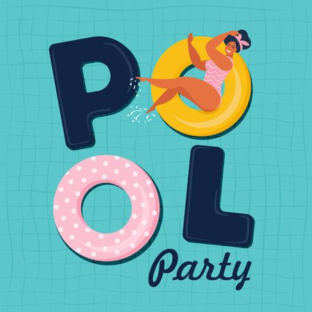 Pool party invitation vector illustration. Top view of swimming pool with pool floatsのイラスト素材