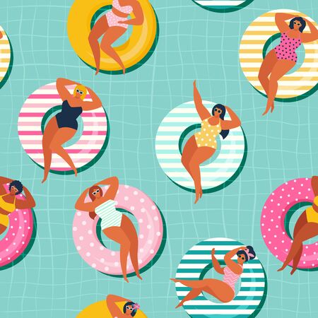 Summer gils on inflatable in swimming pool floats. Vector seamless patternのイラスト素材