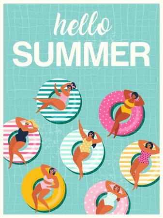 Hello Summer banner with gils on inflatable swim ring in swimming pool floats background, exotic floral design for banner, flyer, invitation, poster, web site or greeting card. Vector illustration.のイラスト素材