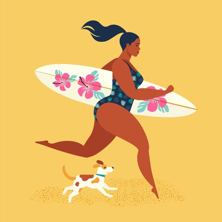 Summer holiday. Girl surfer running with a dog. Vector illustration.のイラスト素材