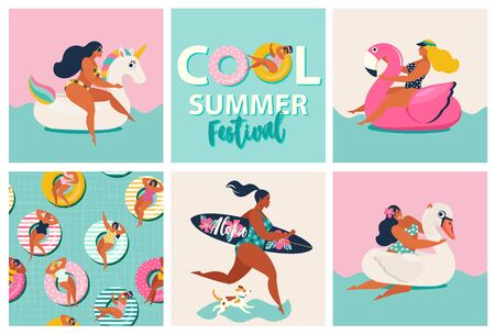 Flamingo, unicorn and swan inflatable swimming pool floats. Cartoon set of summer time with girls, pool floats, dog, surfboard isolated on waves background.のイラスト素材