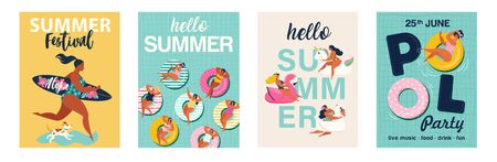 Hello summer posters in vector. Cute Retro posters set.のイラスト素材