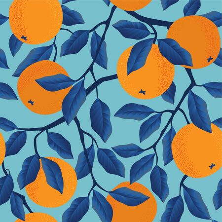 Tropical seamless pattern with oranges. Fruit repeated background. Vector bright print for fabric wallpaper.のイラスト素材
