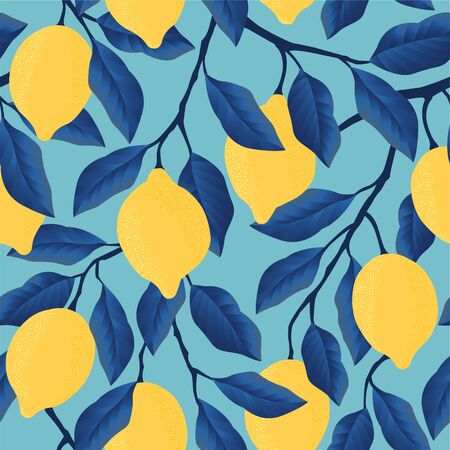 Tropical seamless pattern with yellow lemons Fruit repeated background. Vector bright print for fabric or wallpaper.のイラスト素材