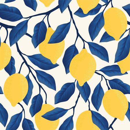 Tropical seamless pattern with yellow lemons Fruit repeated background. Vector bright print for fabric or wallpaper.のイラスト素材