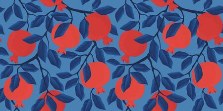 Vector seamless pattern with pomegranate fruits and seeds on white background. Design for cosmetics, spa, pomegranate juice, health care products, perfume. Best for textile or wrapping paperのイラスト素材