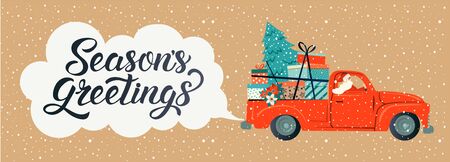 Merry christmas stylized typography. Vintage red car with santa claus christmas tree and gift boxes. Vector flat style illustration.のイラスト素材