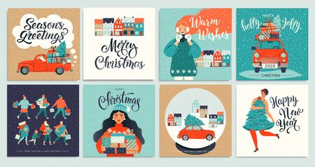 Christmas and New Year's Template Set for Greeting Scrapbooking, Congratulations, Invitations, Poster Stickers, Postcards. Christmas Posters set. Vector illustration.のイラスト素材