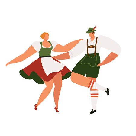 Young couple in traditional bavarian clothes with girl in dirdl dress dance. Bavarian Couple Dance Oktoberfest Munichのイラスト素材