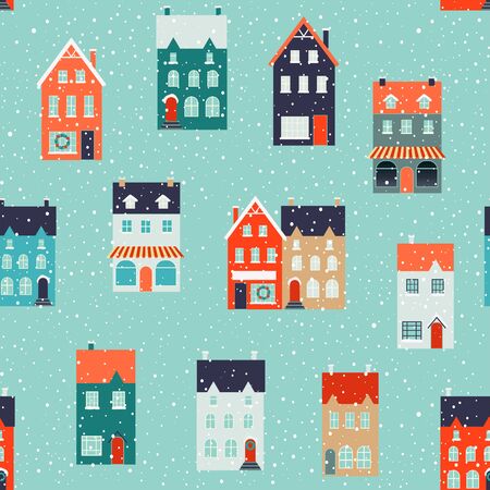 Winter houses for Christmas and Christmas fabrics and decor Seamless pattern.のイラスト素材