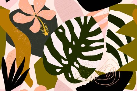 Abstract modern tropical paradise collage with various of fruits, exotic plants and geometrical shapes seamless pattern. Contemporary floral illustration for fabric design.のイラスト素材
