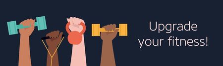 Hands hold dumbbells on black background and Healthy Lifestyle title. Sport revolution concept. Vector colorful illustration in flat design.のイラスト素材