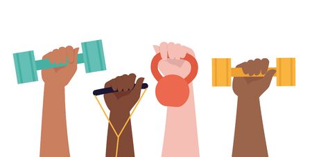 Hands hold dumbbells on white background and Healthy Lifestyle title. Sport revolution concept. Vector colorful illustration in flat design.のイラスト素材
