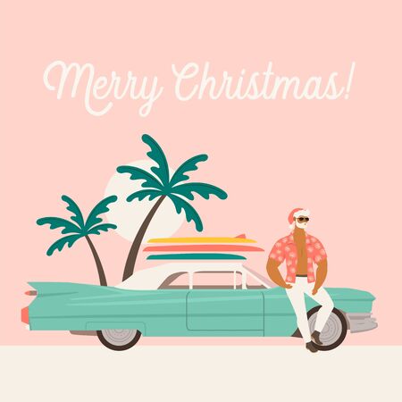 Summer holiday vacation with santa claus and car. Flat vector illustration.のイラスト素材