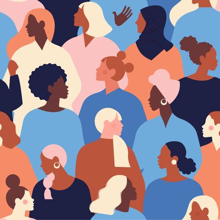 Female diverse faces of different ethnicity seamless pattern. Women empowerment movement pattern. International womens day graphic vector.のイラスト素材