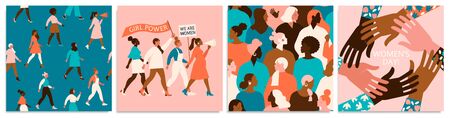 Set of vector illusttation. 8 march, International Womens Day. Feminism concept design. Vector templates for card, poster, flyer and other usersのイラスト素材