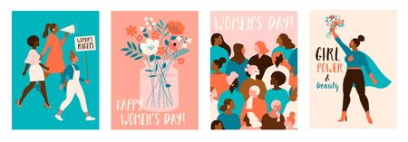 Collection of greeting card or postcard templates with flower bouquet in vase, floral wreath, feminism activists and Happy Womens Day wish. Modern festive vector illustration for 8 March celebration.のイラスト素材