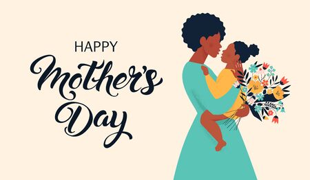 Mother silhouette with her baby. Card of Happy Mothers Day. Vector illustration with beautiful woman and child.のイラスト素材