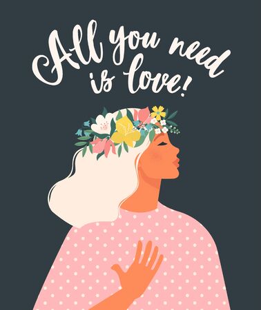 Happy womens day. Template for a spring banner, card, poster. Beautiful women with a flower wreath and dress. Vector illustration with an lettering. Pretty girl in natureのイラスト素材