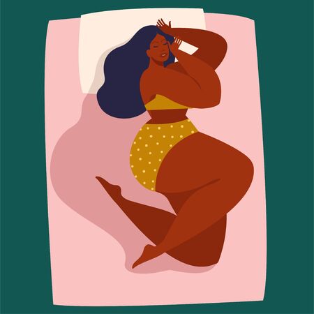Dream in a hot summer night. Young woman sleeping in bed without a blanket. Female cartoon character lying in a comfortable pose during night slumber.のイラスト素材