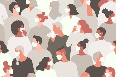 Coronavirus in China. Novel coronavirus 2019 nCoV, people in white medical face mask. Concept of coronavirus quarantine vector illustration. Seamless pattern.のイラスト素材