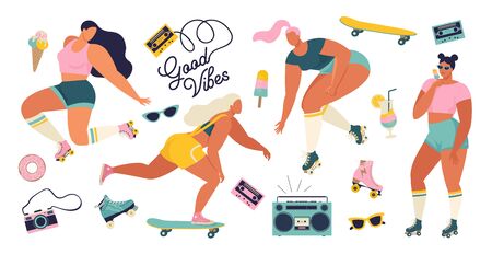 Roller skating girls with record player dancing on the street illustration in vector. Girl power concept poster with inspirational text quote dance, babeのイラスト素材