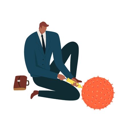 Coronavirus outbreak financial crisis help policy, company and business to survive concept businessman leader help falling in economic collapse from pump up COVID 19 virusのイラスト素材