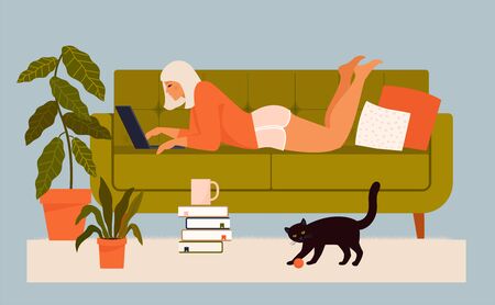 Cute young woman sitting on comfy chair with laptop computer in cozy room. Funny adorable girl working at home. Daily life of freelance worker, everyday routine. Flat cartoon vector illustration.のイラスト素材