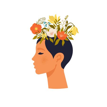 Psychology. Mental health. Woman character with flower head. Mental health concept, good mood, harmony flat vector illustrationのイラスト素材