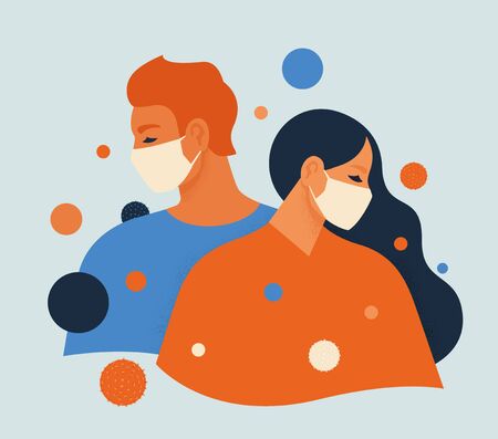 People feel anxiety and fear wearing medical masks to prevent disease, flu, air pollution, contaminated air, world pollution. Vector illustration flat style.のイラスト素材