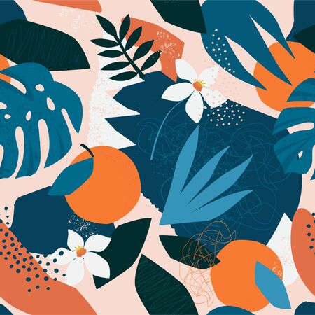 Collage contemporary floral seamless pattern. Modern exotic jungle fruits and plants illustration in vectorのイラスト素材