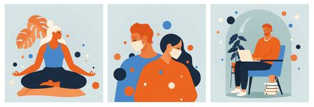Stay home concept. Girl doing meditation, mansiting in a chair working online at home, young couple. Self isolation, quarantine due to coronavirus. Set of illustration of home activitieのイラスト素材
