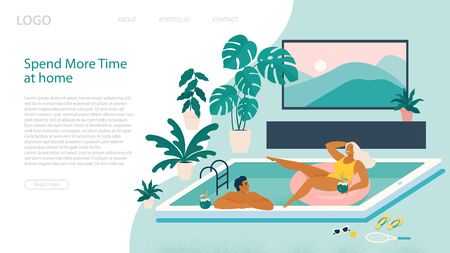 Couple spend summer vacation at swimming pool during quarantine. Vacation simulation and indoor recreation. Landing page template. Vector illustration.のイラスト素材