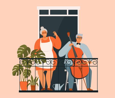 An elderly couple is gardening on the balcony. Grandparents on the balcony with plants. Hobbies for the elderly. Old man playing the cello. Stay home conceptのイラスト素材