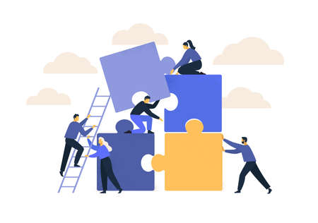 Business concept. Team metaphor. people connecting puzzle elements. Vector illustration flat design style. Symbol of teamwork, cooperation, partnershipのイラスト素材