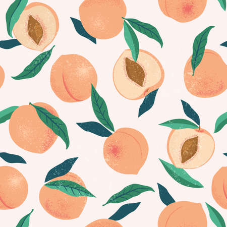 Peach or apricot seamless pattern. Hand drawn fruit and sliced pieces. Summer tropical endless background. Vector fruit design for label, fabric, packaging.のイラスト素材