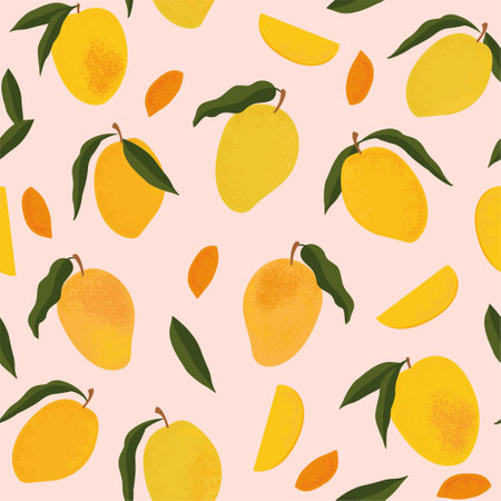 Seamless pattern with fresh bright exotic whole and sliced mango isolated on white background. Summer fruits for healthy lifestyle. Organic fruit.の写真素材