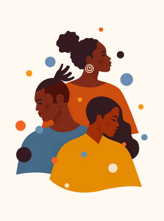 Black Lives Matter. African American man and women in colorful clothes stand one by one. Tolerance and no racism concept. Artwork about Human Right of Black People. Cartoon vector illustration.のイラスト素材