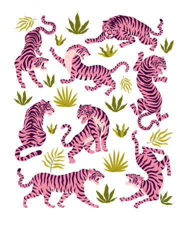 Set of pink tigers and tropical leaves. Trendy illustration.の写真素材