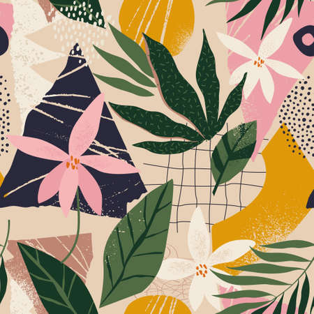 Collage contemporary floral and polka dot shapes seamless pattern.のイラスト素材