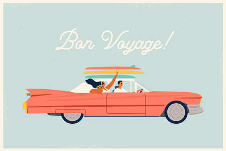 Young trendy happy hipster couple in love having trip road by red cabriolet.のイラスト素材