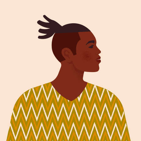 Handsome black man. Young african american. Portrait of young guy with hair. Side view. Isolated on a beige background.のイラスト素材