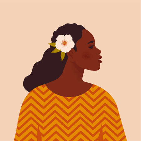 Beautiful black woman. Young african american. Portrait of young woman with beautiful face and hair. Side view. Isolated on a beige background.のイラスト素材