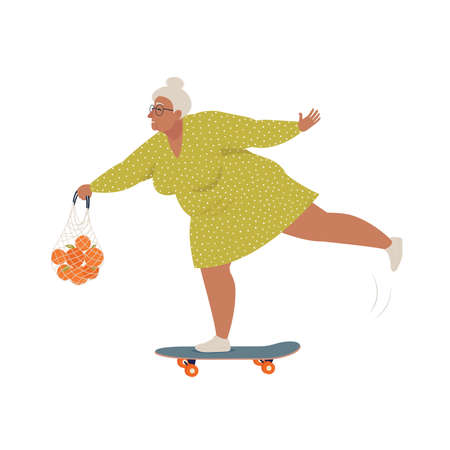 Elderly woman riding skateboard or longboard with shopping string bag. Recreational and healthy sport activities for grandmother. Flat cartoon vector illustration.のイラスト素材