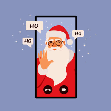 Online congratulation app, Christmas concept illustration. Smartphone with Santa Claus is calling. Flat style illustration.のイラスト素材
