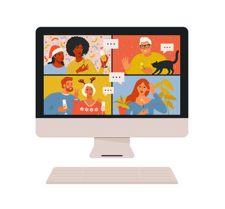 Concept of videoconference and web communication. Team meeting online. Smiling man and women work remotely and have a Christmas virtual discussion. Vector illustration in flat cartoon style.のイラスト素材