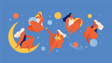 Set of people flying in space vector flat illustration. Collection of wom n holding planet with dream universe. Concept in flat graphic. Vector Illustration.の写真素材