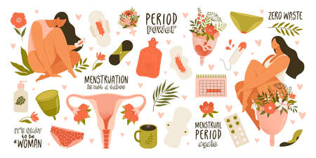 Set of menstruation, period, female uterus, reproductive system stickers. Zero waste objects. Women with flowers, panties, pads, cups, tampons, calendar, womb in cartoon vector illustration isolated.のイラスト素材