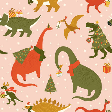 Dino Christmas Party Tree Rex. Dinosaur in Santa hat decorates Christmas tree garland lights. Vector illustration of funny character in cartoon flat style.のイラスト素材